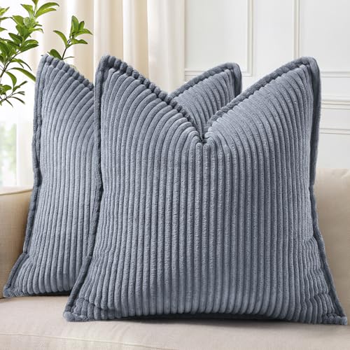 decorUhome Summer Corduroy Blue Grey Throw Pillow Covers 16x16 Set of 2 Decorative Soft Boho Farmhouse Couch Pillow Covers for Living Room Bed Sofa Broadside Striped Pillow Cases - color: Blue Grey, size: 16" x 16" (Pack of 2)