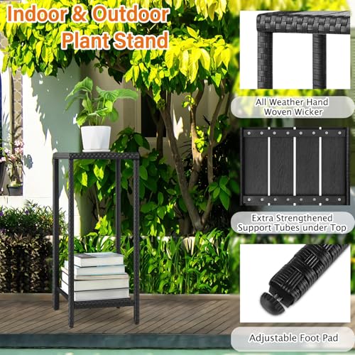 Outdoor Plant Stand 2 Tier Shelf for Patio Flower Pot Planter Stand Holder with Wicker Poly Lumber Shelves 31" Tall Corner Plant Display Rack with Adjustable Feet Heavy Duty for Balcony Porch Black