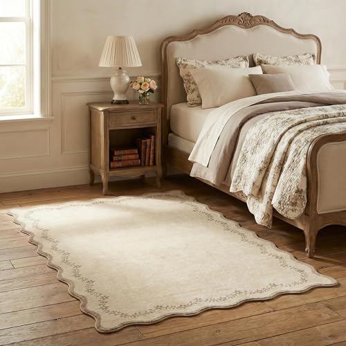 GarveeHome 3x5 Scalloped Washable Area Rug for Bedroom,Soft Solid Jute Entryway Rug Farmhouse Kitchen Mat Non Slip Low Pile Carpet Stain Resistant Throw Rug for Bedside Kids Room Office - color: Jute, size: 3' x 5' (Rectangular)