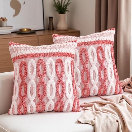 Plush Boho Decorative Throw Pillow Covers Set of 2 Faux Fur Geometric Tufted Pillow Covers Home Decor for Couch Modern Accent Neutral Living Room Red - color: Red
