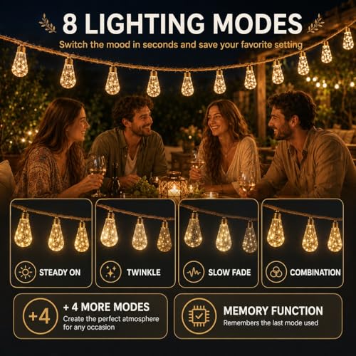 Boho Fairy String Lights Outdoor Backyard Solar String Lights LED for Garden Patio Porch Decor USB Waterproof Shatterproof Bulbs 8 Modes Edison Night Lamp Party Gift(17ft 20Lights,Warm Remote) - color: 17ft 20Lights, size: Warm Remote