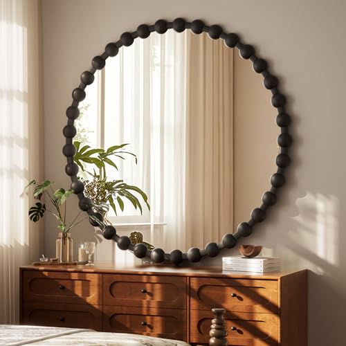 Easly Round Mirror for Wall, 36 Inch Black Beaded Frame Decorative Vanity Mirror, Circle Bathroom Mirror with High-Definition Lense, Modern Wall Decor for Bathroom, Living Room, Bedroom, Entryway - color: Black, size: 36"L x 36"W