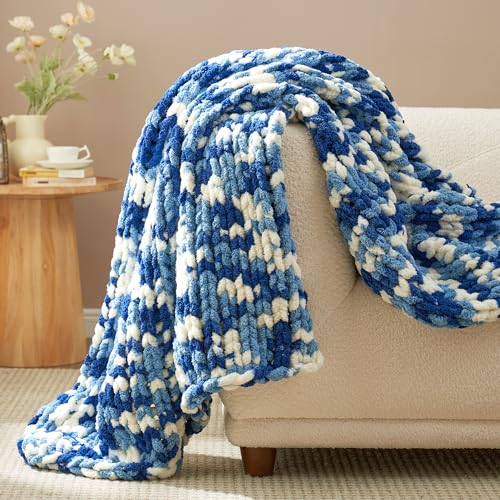 Amélie Home Chunky Knit Throw Blanket for Couch, Soft Chenille Handmade Crochet Throw Rope Knot Blanket for Couch, 50"x60", Space-Dyed Blue - color: Blue&white, size: 50"x60"