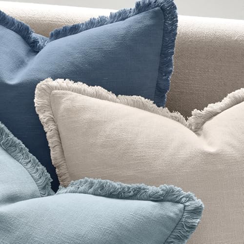 ANRODUO Set of 2 Decorative Throw Pillow Covers 26×26 Inch Soft Linen Fringe Farmhouse Boho Vintage Cushion Covers with Tassels Accent Pillowcase for Couch Sofa Bed Living Room Summer Blue Ashes - color: Blue Ashes, size: 26" x 26" (Pack of 2)