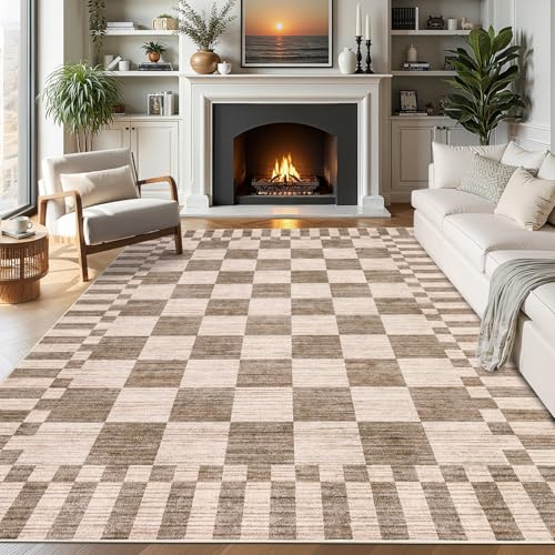 GarveeHome 9×12 Area Rugs for Living Room,Modern Brown Checkered Rug,Geometric Tan Brown Print Non-Slip Washable Farmhouse Checkerboard Rugs for Bedroom Dining Room Office - color: Brown, size: 9' x 12' (Rectangular)