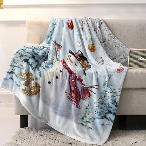 Snowman Throw Blankets, Blue Merry Christmas Tree Red Balls Squirrel Soft Fleece Blanket Decorative for Home Sofa Couch Chair Living Bedroom,40x50 Inches, Winter - color: Christmas-lxm13058, size: 40x50 Inch