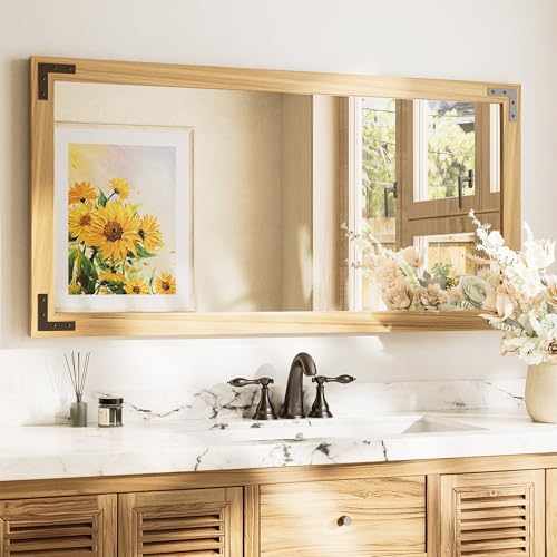 TETOTE 48 x 24 Natural Wooden Mirror for Bathroom Wall/Bedroom/Living Room/Entryway Farmhouse Rustic Bathroom Vanity Mirror Waterproof (Horizontal/Vertical Mounted) - color: Wood, size: 24"L x 48"W