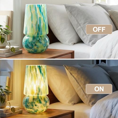 9.8 Inch Mushroom Table Lamp, UL Listed Dimmable Small Desk Bedside Lamp with Woven Beige Cord, Handcrafted Pattern, Murano Home Decor for Bedroom, Living Room, Emerald Teal, No Bulb Included - color: Emerald Teal