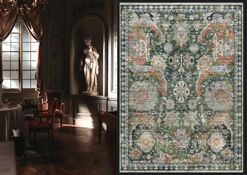 RUGSURE Washable Area Rugs - Perfect for Living Room, Bedroom, Kids Room, Nursery - Stain & Water Resistant Non-Slip, Pet & Child Friendly, Vintage Tribal Area Rugs (Green, 5' x 7') - color: Green, size: 5' x 7' (Rectangular)
