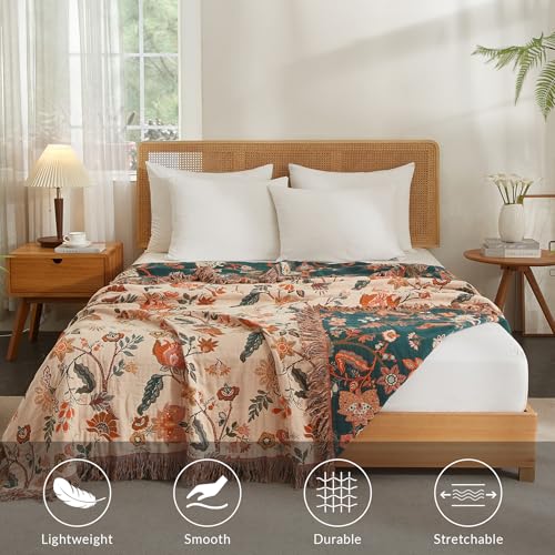 Bailix Boho Throw Blanket for Couch Sofa Bed, 100% Cotton Woven Quilt with Tassel 50”x60”, Super Soft Muslin Blanket with Floral Printed, Decorative Reversible Bed Blanket/Cover for All Seasons - color: B - Boho Floral, size: Throw-50" X 60"