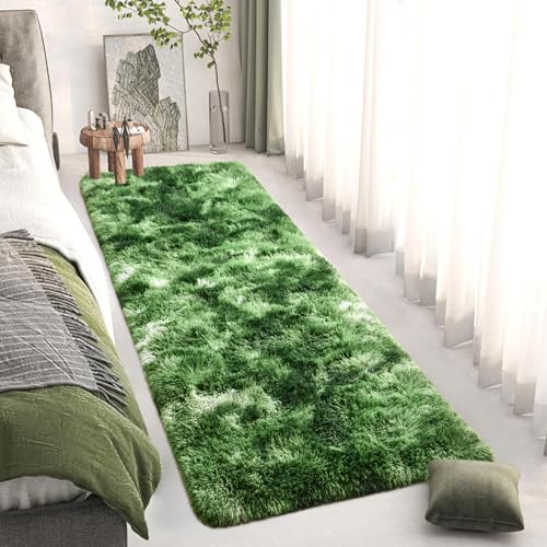 DweIke Fluffy Dark Green Runner Rugs for Bedroom, 2x6 Feet Soft Plush Long Moss Runners for Girls Boys Kids, Non-Slip and Machine Washable Bedside Rug, Small Throw Carpet for Hallway Rooms Decor - color: Dark-green, size: 2 Ft X 6 Ft