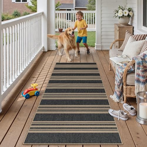 PureCozy Striped Easy Jute 2x6 Kitchen Runner Rug Black Washable Carpet for Hallway Non Slip Farmhouse Neutral Non Shedding Indoor Outdoor Long Rug Bathroom Bedroom Laundry Entryway - color: Black/Striped, size: 2' x 6' (Runner)