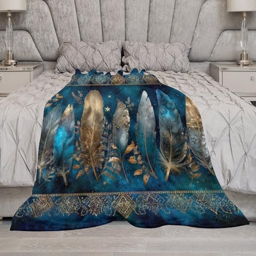 Blanket Bohemian Feather Leaf Blue Throw Blanket for Women Men, 30"x40" Galaxy Star Ornament Plush Flannel Throws, Decor for Bed Couch Bedroom - color: Bohemian Feather Leaf Blue, size: 30"x40"