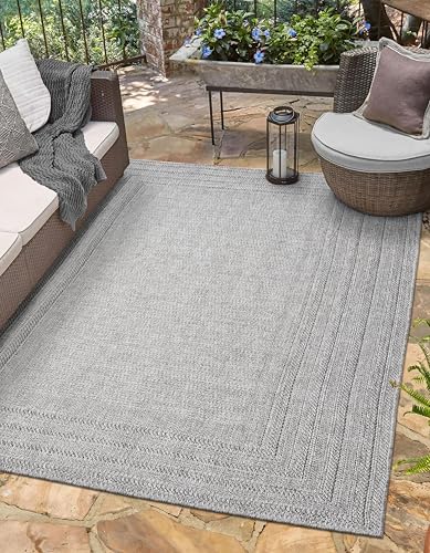 Berry Easy Jute Indoor Outdoor Rug, 4x6 Neutral Bordered Jute Look, Weather Resistant, Easy Care, Lightweight Outdoor Farmhouse Carpet for Patio, Porch, Living Room (4' x 6', Gray) - color: 2004 - Gray, size: 4' x 6' (Rectangular)