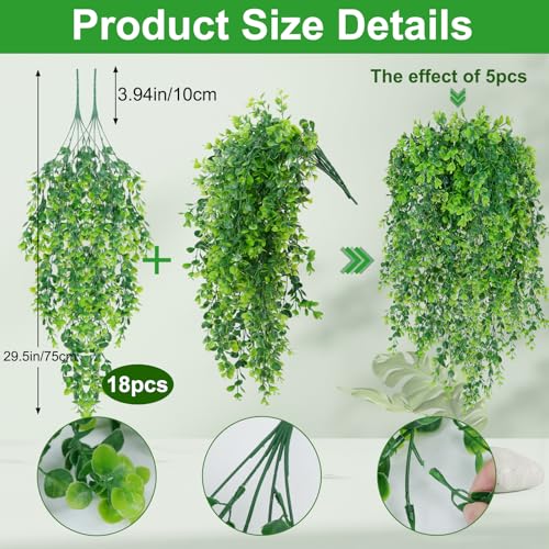 Artificial Hanging Plants 18 Pcs Fake Hanging Plant Faux Hanging Eucalyptus Plants UV Resistant Plastic Plants for Indoor Outdoor Room Wall Wedding Patio Porch Decor - color: Green