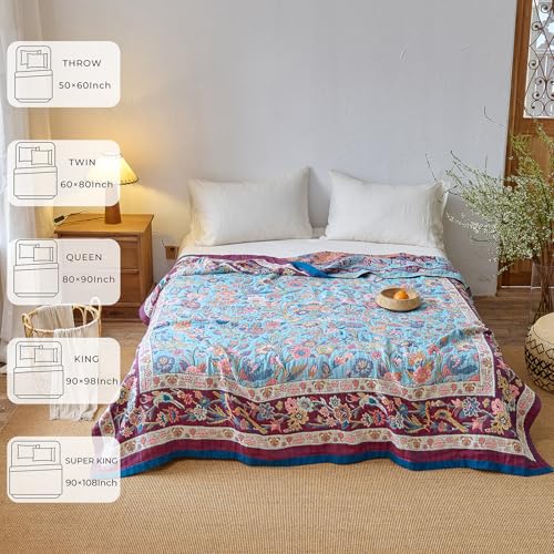 Boho Cotton Throw Blanket,Ultra-Soft Rustic Quilt for Bed, Home Decor & Travel - Large 80"x90" Muslin Blanket - All-Season Lightweight Bedspread & Throw for Women & Moms,Purple - color: Floral Slumber, size: 80"x90"