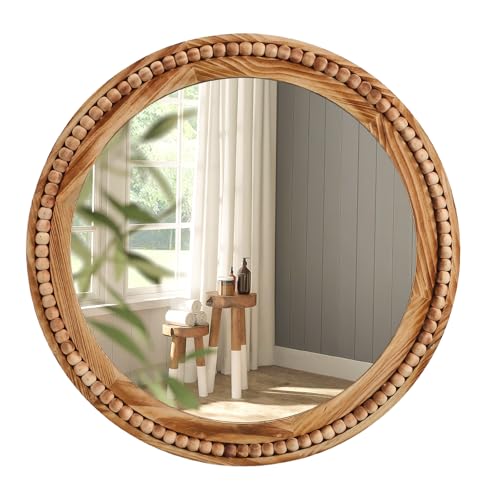 ULIKE Round Wood Mirror with Natural Wooden Bead Frame, 30 Inch Rustic Farmhouse Wall Mirror for Bathroom Nursery Bedroom Living Room Brown, Brown - color: Brown Round, size: 30"L x 30"W
