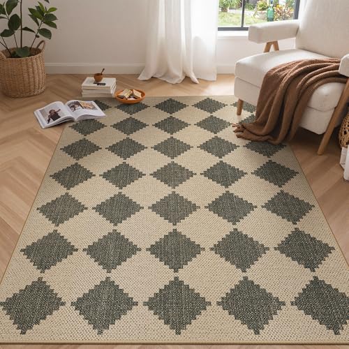 Bavni Checkered Easy Jute Rug,5x7 Area Rug Machine Washable Non Slip Woven Plaid Carpet, Geometric Diamond Non Shedding Low Pile Modern Farmhouse Floor Mat for Living Room, Bedroom, Dining Room - color: Checkered-3, size: 5X7