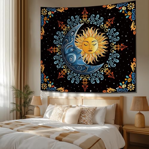 Tichgeim Sun and Moon Tapestry Wall Hanging, Boho Hippie Vintage Celestial Starry Sky Tapestries, Flower and Stars Wall Decor for Bedroom Living Room and Dorm 51in × 60in - color: Sun and Moon Tapestry, size: 60"L x 51"W