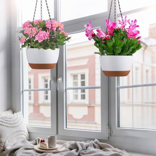 Set of 2 Hanging Planters for Indoor Outdoor Plants, 10 Inch Self-Watering Hanging Flower Pots with Drainage Hole & Removable Water-Storage Tray (Hooks) - color: White, size: 10 Inch (M)