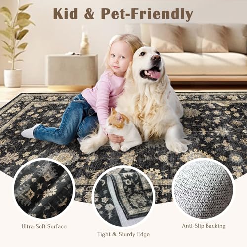 LUXRUG 3x5 Washable Area Rug - Small Entryway Rug Non-Slip Charcoal Black Vintage Traditional Floral Kitchen Rugs Low Pile Boho Entry Carpet Throw Rugs for Living Room Bedroom Bathroom Entrance Office - color: Charcoal Black, size: 3' x 5' (Rectangular)