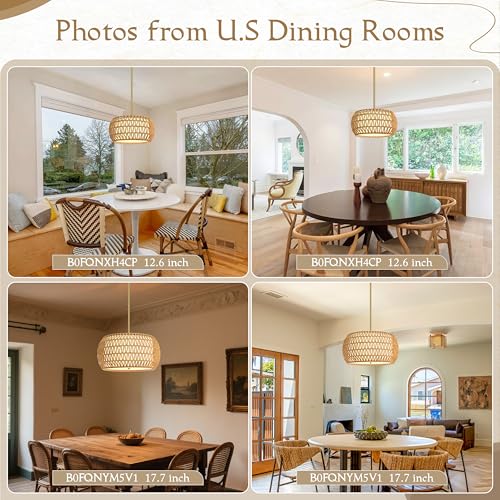 12.6 inch Natural Rattan Light Fixture Rattan Farmhouse Light Fixture Hand-Woven Pendant Lights Fabric Shade Boho Chandelier for Kitchen Dinning Room (Bulb Incl.) - color: 12.6"-Natural-Drum