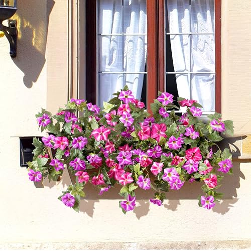 Ammyoo Artificial Hanging Fake Flowers with Basket Plants for Outdoor Decoration, Faux Silk Flower UV Resistant Morning Glory for Home Porch Patio Garden Balcony Yard Look Real (Fuchsia Lotus) - color: Fuchsia Lotus Basket, size: 3 Pcs with Basket
