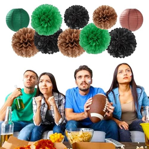Football Party-Decorations Paper-Flowers - 15pcs Green Brown Black Tissue Pom Poms Lanterns Streamers,Birthday Baby Shower Bachelorette Hanging Supplies Decor Hugfond - color: Brown Green Black