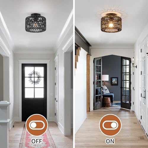 Rpzloila Rattan Ceiling Light, 1 Light Farmhouse Woven Flush Mount Ceiling Light, Boho Light Fixture for Bedroom Living Room Hallway Entryway, Black Finish - color: Black, size: 1-Light-Round