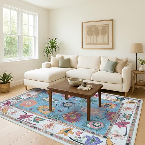 Fame Living Colorful Oushak Rug, Modern Small Rugs, Vintage, Turkish, Eclectic, Floral, Pastel, Washable, Door Mat, Doormat for Indoor Entrance, Entryway, Kitchen, Bathroom, Bedroom, Laundry, 2'x3' - color: Navy Cream, size: 2' x 3' (Rectangular)