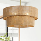 18'' Boho Rattan Chandelier Hand Woven Chandelier Light Fixture 3-Light Farmhouse Drum Pendant Light for Dining Room Bedroom Kitchen Hallway Foyer - color: 18" Rattan Gold
