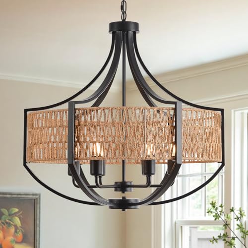 25.6" Large Rattan Farmhouse Chandelier, 6-Light Boho Black Modern Chandelier Light Fixture, Rustic Wicker Chandelier with Woven Shade for Dining Room, Living Room, Bedroom - color: V-Weave Round Rattan, size: Large 6 light 25.6 inches