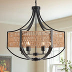 25.6" Large Rattan Farmhouse Chandelier, 6-Light Boho Black Modern Chandelier Light Fixture, Rustic Wicker Chandelier with Woven Shade for Dining Room, Living Room, Bedroom - color: V-Weave Round Rattan, size: Large 6 light 25.6 inches