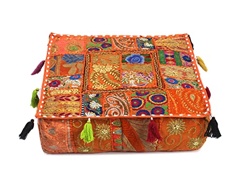 CRAFT KALA Indian Square Patchwork Traditional Pouf Cover Indian Living Room Poufs Decorative Embroidered Designer Ottoman Home Living Footstool Chair Cover Decor Pillow Cover 18x18x5 inches, Orange - color: Orange, size: 18"D x 18"W x 5"H
