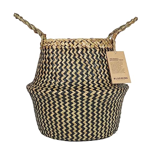 Blueming Wicker Plant Basket – Small 8-9 Inch Medium Seagrass Pot for Faux Olive Tree, Snake Plant or Houseplants, Black Decorative Planter for Home Decor - color: Black, size: Medium