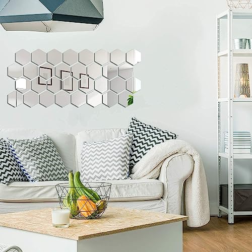 24 Pieces Removable Acrylic Mirror Setting Wall Sticker Decal for Home Living Room Bedroom Decor (Hexagon, 24 Pieces)