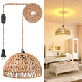 Plug in Pendant Light Rattan Hanging Lamp with 15 Ft Hemp Rope Cord, Wicker Hanging Lights with Bamboo Basket Lamp Shade,Dimmable Switch Woven Boho Plug in Ceiling Light for Living Room Bedroom