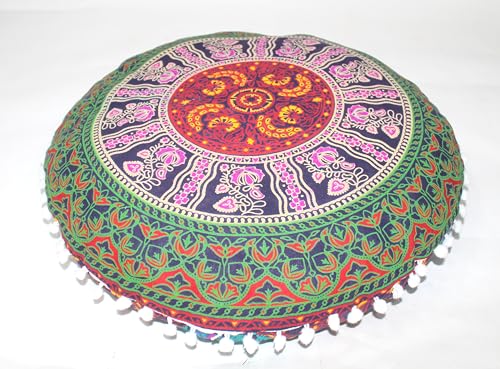 Multi 6 Color Round Mandala Floor Pillow Cover Seating Cushion Throw Cover Hippie Decorative Bohemian Ottoman Pouf Cover, Pom Pom Pillow Cases,Boho Indian 32 Inches - color: Pink/Green, size: 32" Round
