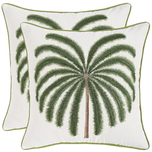 LUOYEHK Summer Embroidered Throw Pillow Covers 18x18 Inch Set of 2 Green Tropical Palm Tree Pillow Cover Spring Farmhouse Decorative Pillowcase Square Cushion Covers for Couch Sofa Bed Home Decor - color: Green Coconut Tree