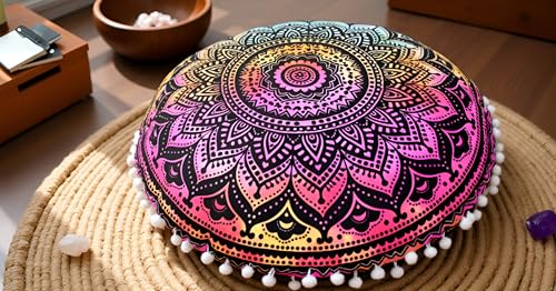 CRAFT KALA Large Round Bohemian Floor Pillow Pouf Cover Mandala Meditation Room Pillow Cover for Adults Boho Seating Poufs Cushion Cover for Kids Playroom 32" Round Multi Ombre - color: Black Multi, size: 32" x 32" (Pack of 1)