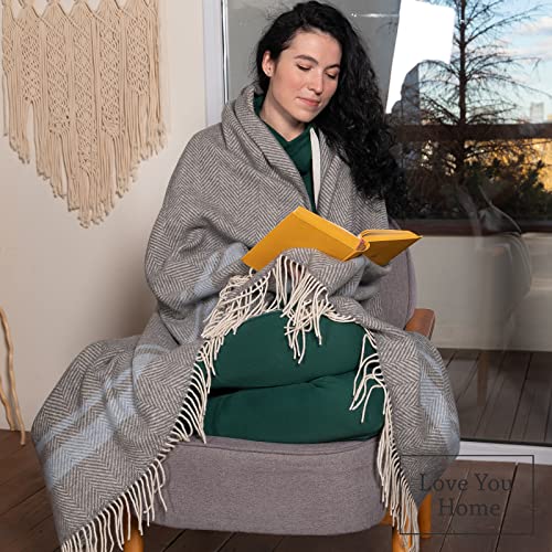 LYHome Merino Wool Blanket - Warm Throw for Cold Weather, Warmest Travel Outdoor Camping Blankets, Picnic Army and Military Throws, Comforter Soft & Cozy (55" x 79" Grey with Blue and White Stripes) - color: Grey With Blue and White Stripes
