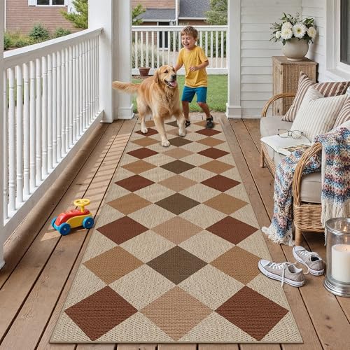 PureCozy 2x8 Checkered Easy Jute Runner Rug Non Slip Hallway Kitchen Washable Outdoor Rug for Entryway Indoor Checkerboard Brown-Beige Long Indoor Outdoor Carpet for Bedside Entry Front Door Porch - color: Multi Brown|checkerboard-1, size: 2' x 8' (Runner