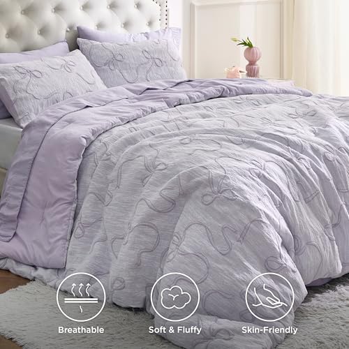 Bedsure Purple Comforter Set Queen, GentleSoft™ 3 Pieces Breathable Bow Comforter Set Women Girls with 2 Pillow Shams, Cute Queen Bedding Sets Purple Room Decor Aesthetic Bedroom Decor, 90x90 Inches - color: 01 - Bow Light Purple, size: Queen (90" x 90")
