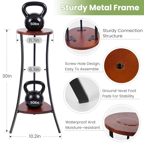 2-Tier Tall Plant Stand Indoor Outdoor, Round Wooden Corner Plant Shelf with Walnut Panel & Black Metal Frame, Modern Flower Pot Holder Rack for Living Room, Balcony, Patio Decor