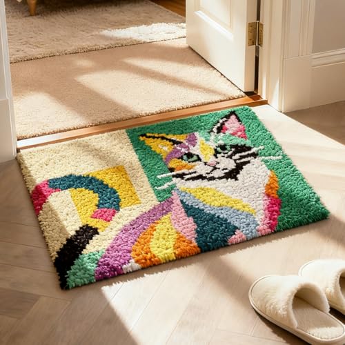 ORIGACH Colorful Abstract Cat Latch Hook Rug Kit for Adults Printed Rug Making Kit Handmade Carpet Tapestry Cover with Hook Latch and Preprinted Canvas, Home Arts Crafts Sofa Decor, 20.5x15inch - style: Colorful Cat