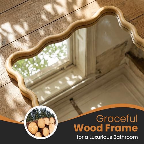 TRAHOME Wavy Mirror for Wall, 55"x28" Boho Wavy Wood Mirror Large Full Length Decorative Mirror with Tempered Glass, Natural Wooden Frame Vanity Mirror for Bedroom, Living Room, Entryway - color: Natural a, size: 55"L x 28"W