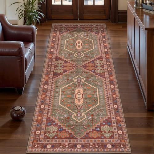 Ciicool 2x5ft Runner Rug, Hallway Wahshable Rug Vintage Kitchen Carpet for Entrance Bedroom Bedside Living Room Kitchen Laundry Bathroom Decor - color: Terracotta/Green, size: 2' x 5' (Runner)