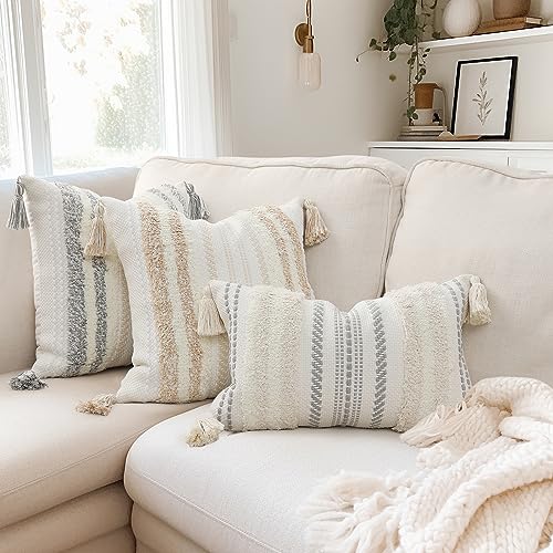 decorUhome Summer Decorative Boho Throw Pillow Covers 20x20 Set of 2, Accent Neutral Textured Tufted Pillow Covers Striped for Couch Bed Sofa Living Room, Light Grey and Cream White - color: Light Grey and Cream White, size: 20" x 20" (Pack of 2)