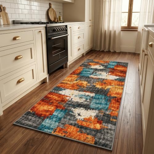2x6 Area Rug for Living Room,Modern Abstract Burnt Orange Rug,Terracotta and Teal Brushstroke,Washable Rug,Non Slip, Hallway, Entryway, Bedroom Side, Kitchen Walkway - color: Burn Orange, size: 2' x 6' (Rectangular)