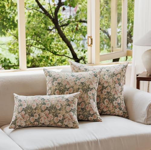 Spring Floral Woven Pattern Throw Pillow Cover Decorative Vintage Farmhouse Home Decor Textured Cushion Case for Couch Sofa Bed Living Room Bedroom (Green, 12x20 (Pack of 1)) - color: Green, size: 20" x 12" (Pack of 1)